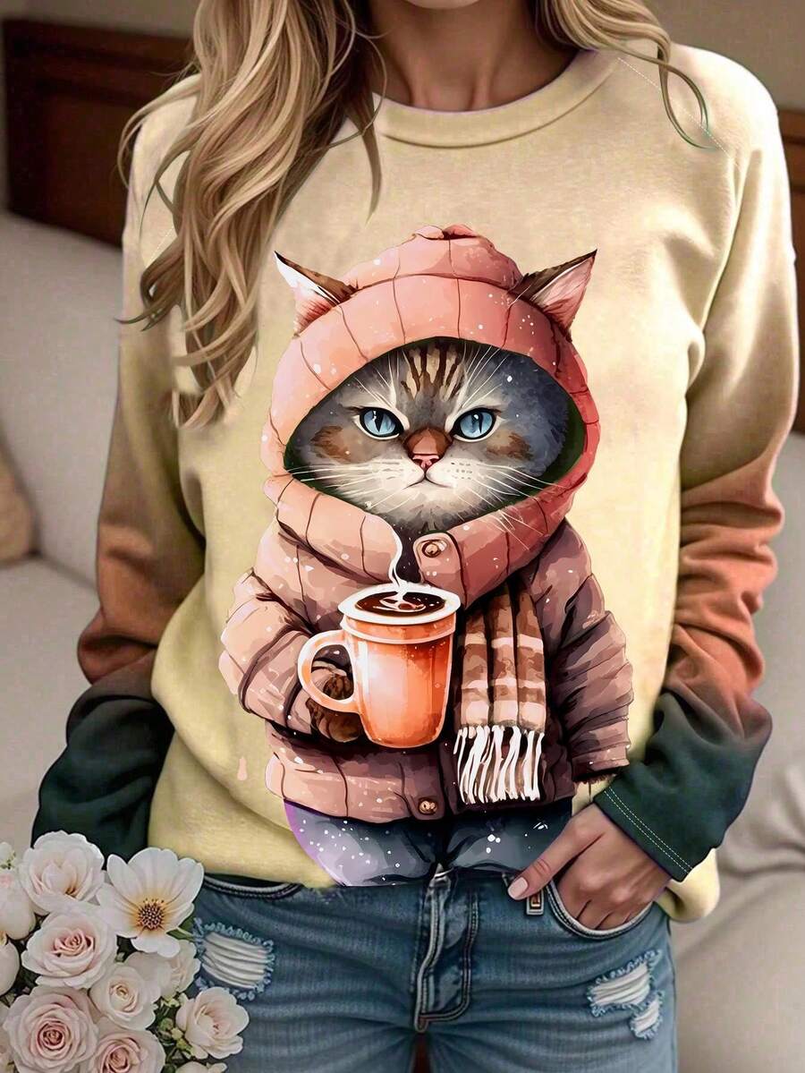 Plus Size Cat Print T-Shirt, Casual Long Sleeve Large Graphic Tee For Spring Fall - Pink - View 1