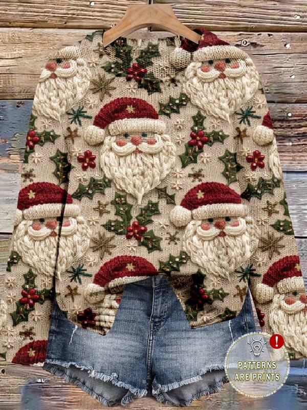 EMERY ROSE Plus Size Women Santa Claus Print Casual Long Sleeve Pullover Sweater/Christmas