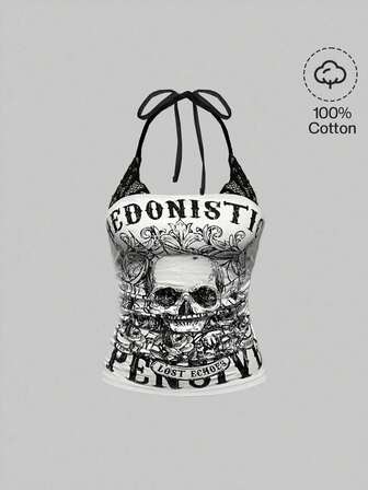 Grunge Punk Y2K Punk Skeleton Print 2 In 1 Contrast Lace Cotton Halter Neck Bodycon Tank Top For Women, Concert/Music Festival Outfit