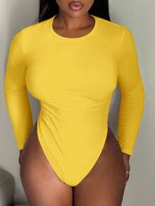 Alexandranx Solid Slim Fit Spring Women Bodysuit - Mustard Yellow - View 6