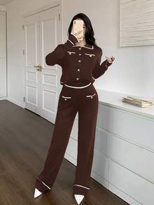 Feyla 2pcs Women Contrast Color Block Button Front Pocket Long Sleeve Top And Pants Set 2 Pieces Set In Fall/Winter - Coffee Brown - View 3
