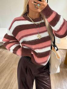 SHEIN EZwear 彩色条纹女士超大款圆领长袖宽松针织毛衣 - 粉色 - 查看 7