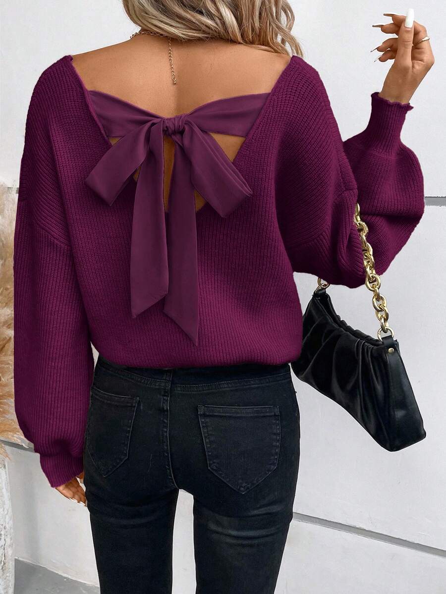 SHEIN Frenchy 系带后背落肩带毛衣 - 紫色 - 查看 1