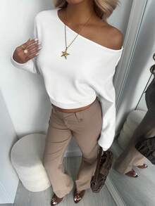 Aloruh Asymmetrical Shoulder Long Sleeve T-Shirt,95% Cotton Pullover,All White,Autumn,Casual,Everyday Basic Style For Women,Vintage Soft Girl Fall Wardrobe - White - View 4
