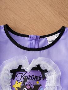 HELLO KITTY AND FRIENDS | SHEIN 少女甜美可爱卡通爱心图案蕾丝拼接圆领泡泡袖荷叶边编织公主裙 - 紫色 - 查看 6