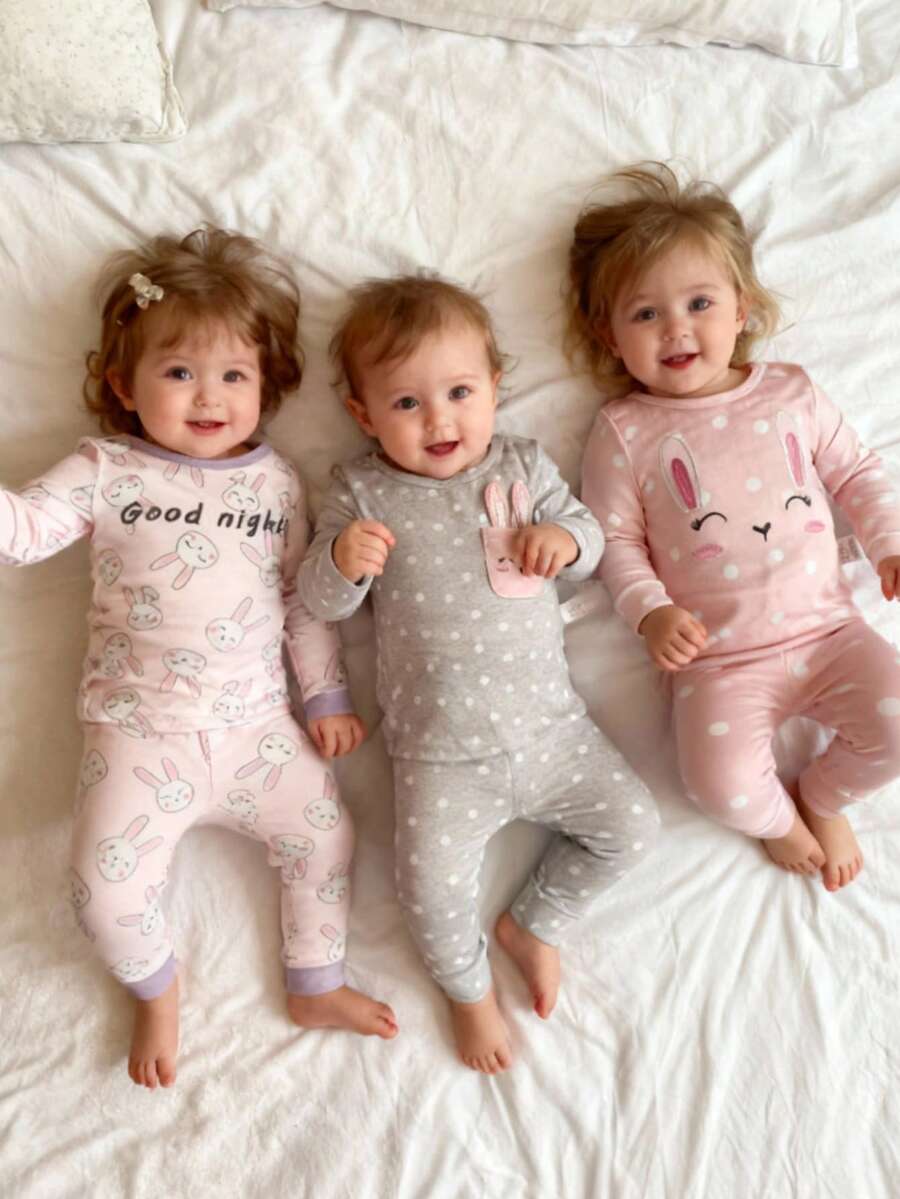 6pcs/Set Baby Girls' Soft & Comfortable Pajama Set, Pink Polka Dot Rabbit Embroidery, Rabbit Ear Decor, Playful & Cute Rabbit Print Home Outfit - Multicolor - View 1
