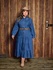 EMERY ROSE Váy denim đính đá phong cách phương Tây cổ điển cỡ lớn dành cho nữ - Rửa tối - Xem 5