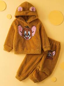TOM & JERRY X SHEIN 2pcs/Set Young Girl Cute Cartoon Jerry Embroidered Hoodie & Sweatpants Knit Brown Casual Sports Outfit - Brown - View 1