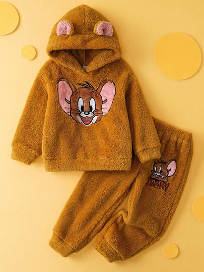 TOM & JERRY X SHEIN 2pcs/Set Young Girl Cute Cartoon Jerry Embroidered Hoodie & Sweatpants Knit Brown Casual Sports Outfit