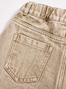 ChillGRL Tween Girl One-Piece Denim Wide-Leg Pants, Vintage Distressed Aesthetic, Cute & Sweet Casual College Style Vacation Recommendation. Classic Washed Denim In Khaki, Coffee + White Handmade Floral Crochet Detailing, Sweet & Playful. - Khaki - View 5
