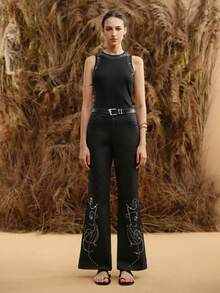 Aveloria Women's Twill Cotton-Blend Trousers, Regular Waistband With Rhinestone Embellishments At The Hem, Casual Everyday Style, Long Flared Trousers Black Pants    Party Pants - Black - View 3