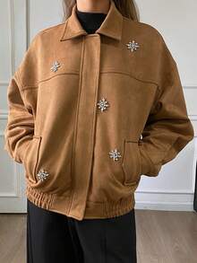DAZY Women's Solid Color Loose Handmade Embroidered Rhinestone Lapel Long Sleeve Casual Vintage Jacket, Regular Fit, Autumn/Winter Women Coats - Brown - View 5