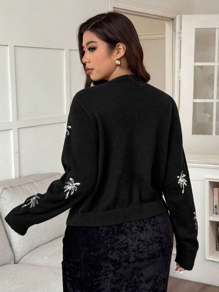 Dazy Plus Plus Size Women Glitter Snowflake Cute Christmas & New Year Casual Long Sleeve Cardigan Sweater, Autumn/Winter