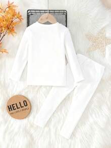 2pcs/Set Young Girl Round Neck Long Sleeve Top & Leggings Tight-Fitting Underwear Set White Set Fall Clothes Outfit Set Girls White Set Winter Young Girls Sets Girl Clothes Set Girl Fall Sets White Kids Outfit Girl - Apricot - View 2