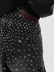 SUMWON Sparkle Rhinestone Extreme Wide Leg Cargo Jeans With Celestial Star Print Design For Festival Party Club - Grey - View 5