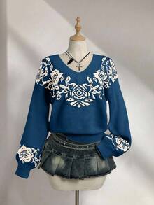 Elamini Vintage Casual Versatile V-Neck Jacquard Knit Sweater, Autumn/Winter - Multicolor - View 1