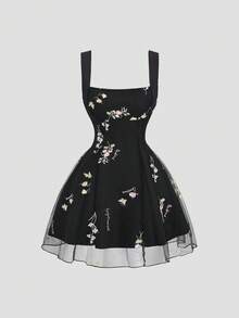 Sweetra French Style Apricot Embroidered Square Neck Waist Cinched Cute Sweet Elegant Women's Mini Dress, Spring/Autumn - Black - View 2