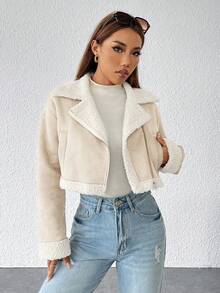 SHEIN PETITE 秋冬装泰迪熊内衬拉链卡其色机车夹克 - 杏色 - 查看 3