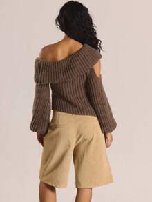 MUSERA Áo dệt kim tay phồng rộng, kiểu dáng bất đối xứng, cổ áo xếp ly, khoét eo, chi tiết viền kim loại, thích hợp mặc mùa đông, đi chơi hàng ngày, đi chơi đêm, gợi cảm, dễ thương và ấm áp. - Cà phê nâu - Xem 4