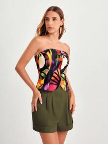 CAJUNI x Carol Peixinho 女士休闲度假鹦鹉印花抹胸上衣 - 黑色 - 查看 6