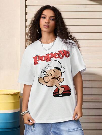 Popeye X SHEIN Women's Vintage Casual Letter & Cartoon Character Print Short Sleeve T-Shirt, Summer,Cotton T-Shirt, Women Oversized T-Shirt