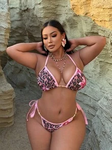 SHEIN Swim Curve Plus Size Women Multicolor Tie Dye Print Halter Bra And Side Tie-Up Shorts Swimsuit Set, Sexy Casual Beach Holiday For Summer Beach Vacation