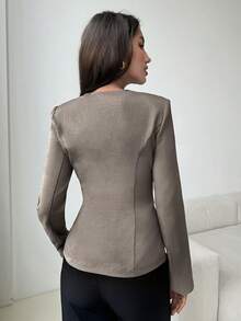 Aloruh Women's Shades Of Brown Square Collar Fitted Cropped Blazer,Elegant Office Business Casual Summer Thin Cardigan,Formal Autumn/Winter Clothes Top - Brown - View 2