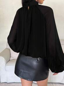 Aloruh 女士休闲纯色立领灯笼袖宽松衬衫，秋季 - 黑色 - 查看 3