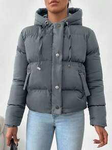 EURMUSE Women's Solid Color Front Zip Long Sleeve Simple Hooded Casual Padded Coat - Blue - View 4