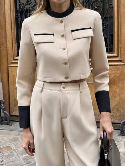 Chiquease 2025 Autumn Fresh Launch: Ladies' Timeless Color-Block Piecing BlazeTwo Piecesce Set (Comprising Blazer & Trousers), Adorned With Exquisite Metallic-Accented Buttons, Tailored Slim Silhouette For Elegance-Elevating Look, Versatile For Office Commutes, Casual Daily Moments & Professional Settings