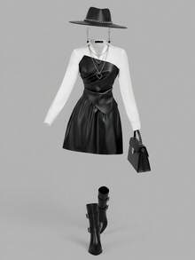 SHEIN MOD Christmas Plus Size Women's Long Sleeve PU Colorblock Mini Ruffle Fashion Short Dress, Black And White Dress Women, Faux Leather Dress, Collared Dress,2 In 1, Long Sleeve