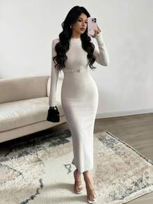 Elenzga Women's Autumn/Winter Elastic Knit Textured Dress, Turtleneck Bodycon Dress, Metal Buckle Design Dress, Elegant Ladies Dress, Casual Dress, Autumn/Winter Women's Clothing, Party Dress