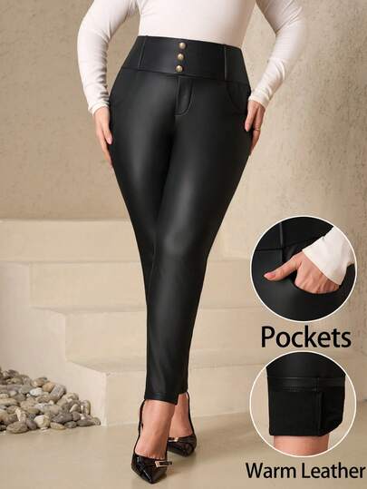 Chikora 加大码PU皮革保暖内衬紧身裤，金属纽扣弹力保暖打底裤，优雅休闲九分裤，适合秋冬季穿着