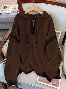 Franclia Plus Size Women Contrast Trim Hooded Half Zip Pullover Sweatshirt - Coffee Brown - View 1