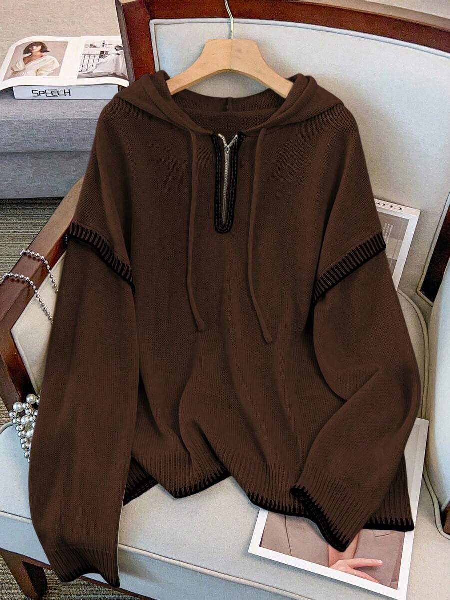 Franclia Plus Size Women Contrast Trim Hooded Half Zip Pullover Sweatshirt - Coffee Brown - View 1