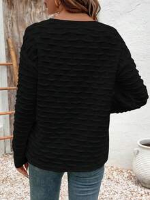 EMERY ROSE Camiseta casual de mujer de unicolor con cuello en V y diseño de botones con textura - Negro - Ver 2
