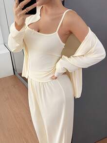 SHEIN Bộ 3 áo thun tay dài dệt kim màu trơn thường ngày cho nữ + áo hai dây + quần dài ngủ, quần áo mùa thu đông - Màu vàng - Xem 7