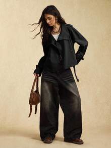 Easelle 复古游牧风高领腰部纽扣女士黑色风衣 女士风衣腰带风衣 女士外套 秋冬女士夹克 - 黑色 - 查看 8