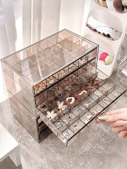 1 pieza Caja de almacenamiento de joyas transparente de 3 capas y 72 rejillas para pendientes, anillos, collares y pulseras de uso diario de mujeres. Estilo de cajón de 3 capas y 72 rejillas desmontable de gran capacidad para organizador de taladro de uñas y decoración de uñas, de vuelta al colegio