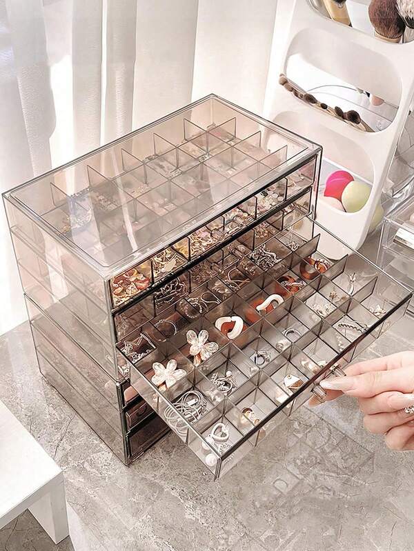 1 pieza Caja de almacenamiento de joyas transparente de 3 capas y 72 rejillas para pendientes, anillos, collares y pulseras de uso diario de mujeres. Estilo de cajón de 3 capas y 72 rejillas desmontable de gran capacidad para organizador de taladro de uñas y decoración de uñas, de vuelta al colegio