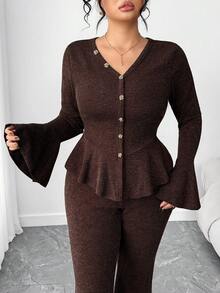 Elenzga Bộ 2 món áo thun cổ chữ V tay loe đơn giản phong cách Pháp mới thanh lịch dành cho nữ cỡ lớn và quần ống loe - Cà phê nâu - Xem 7