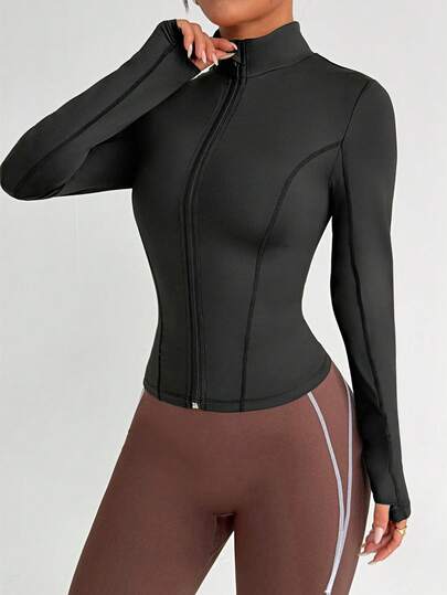 Dewbera Chaqueta deportiva casual y versátil con cuello alto, a rayas, ajustada, con orificio para el pulgar y cremallera, en color negro