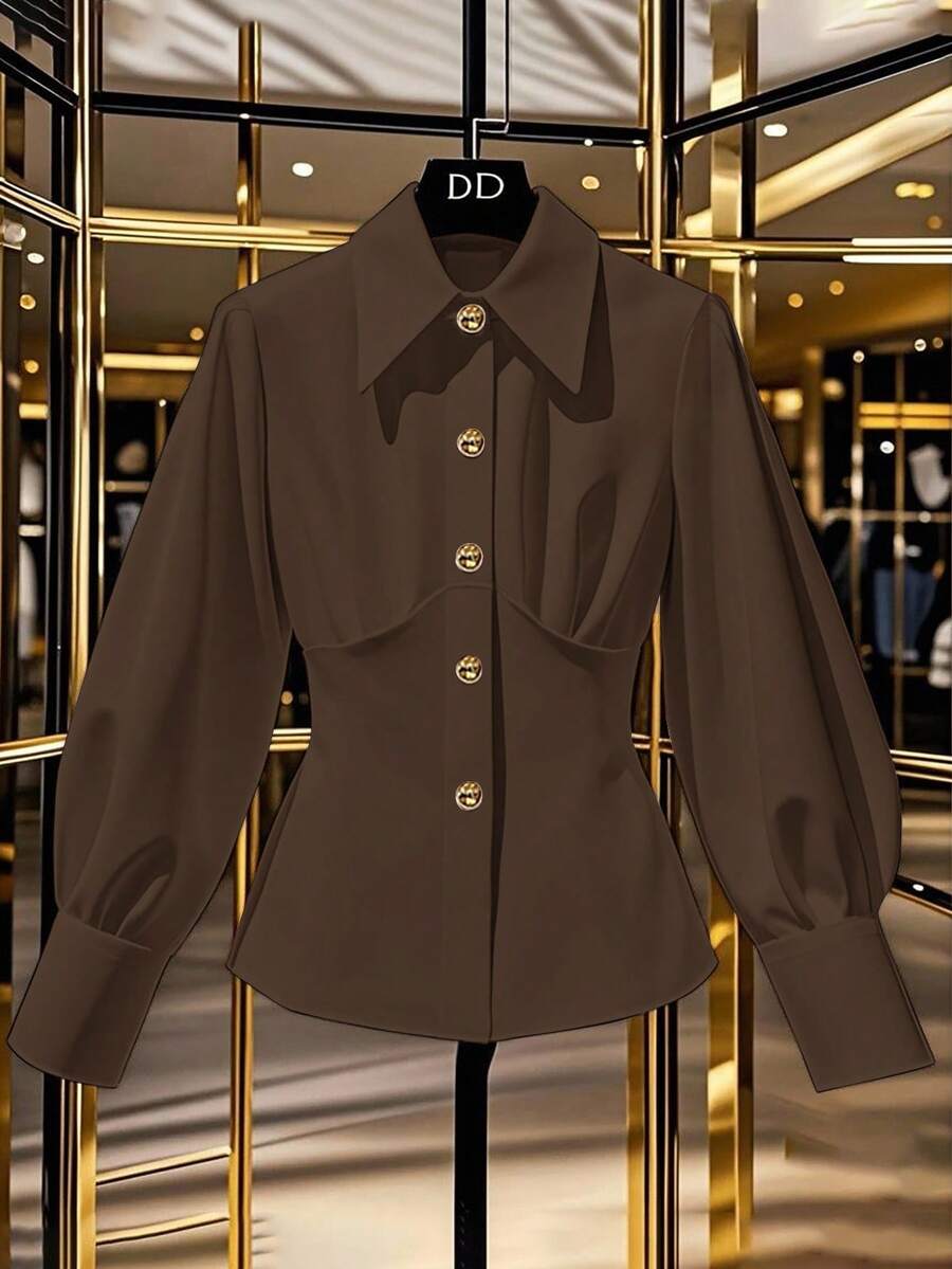 Franclia Premium Quality Waist Cinched Ruched Women Shirt - Coffee Brown - View 1