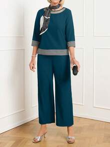Miaspire 2pcs/Set Women Casual Striped Patchwork Top & Pants Outfit