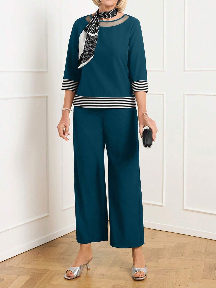 Miaspire 2pcs/Set Women Casual Striped Patchwork Top & Pants Outfit