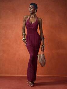 Veslaya Plus Size Solid Color Minimalist Sleeveless Sweater Dress - Burgundy - View 13