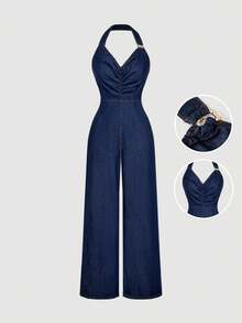 Sweetra 时尚休闲装饰纽扣挂脖牛仔阔腿连体裤 - 深色水洗藍 - 查看 1