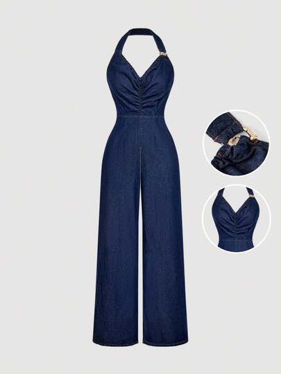 Sweetra 时尚休闲装饰纽扣挂脖牛仔阔腿连体裤