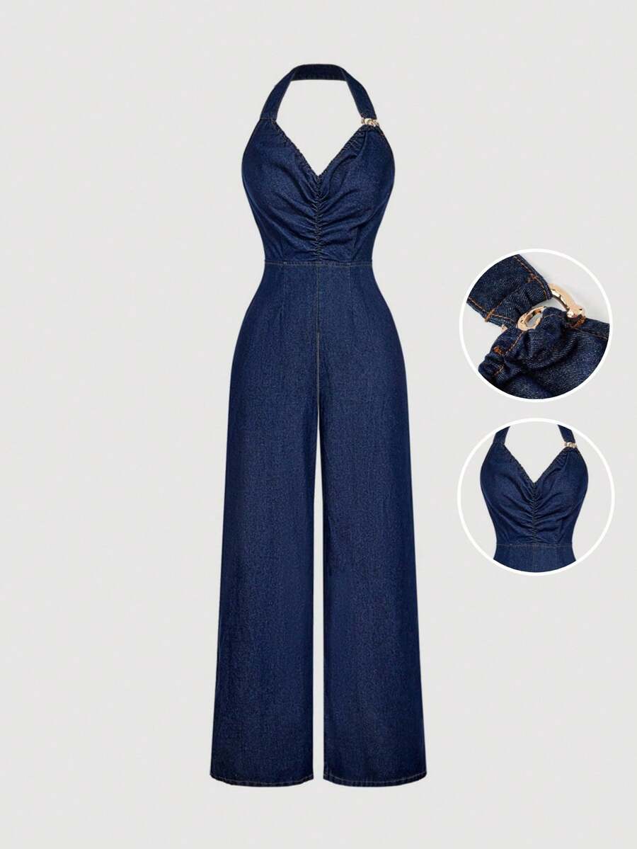 Sweetra 时尚休闲装饰纽扣挂脖牛仔阔腿连体裤 - 深色水洗藍 - 查看 1