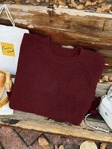 SHEIN CURVE+ Plus Size Loose Knit Sweater With Hollow Bow Knot Decor, Plus Size Cute Fall Pullover In Beige, For Winter - Burgundy - View 4
